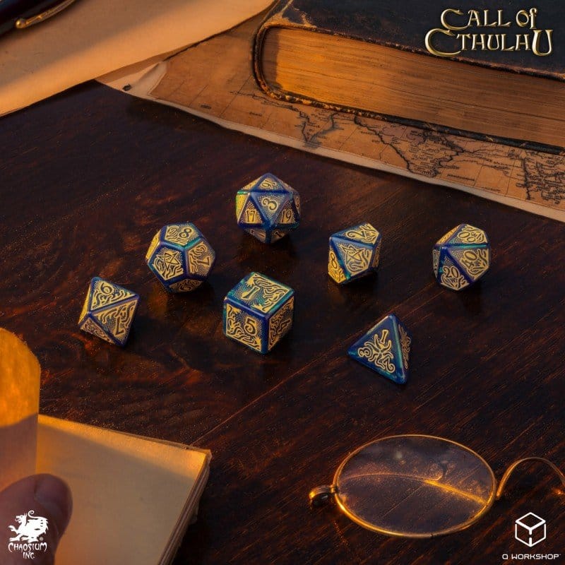 Set de 7 Dados La Llamada de Cthulhu – Azul Verde y Dorado