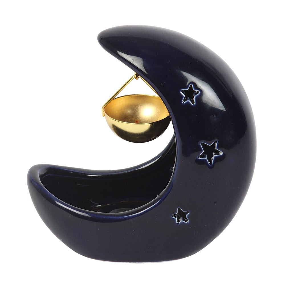 Quemador de Aceite Luna Creciente Azul con Plato Dorado