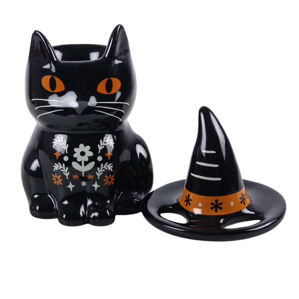 Quemador de Aceite Gato Negro con Flores