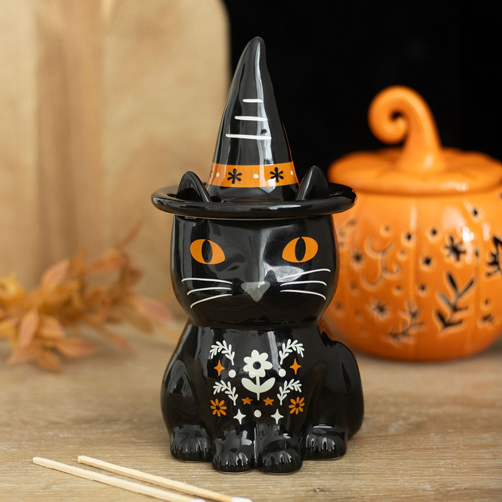 Quemador de Aceite Gato Negro con Flores