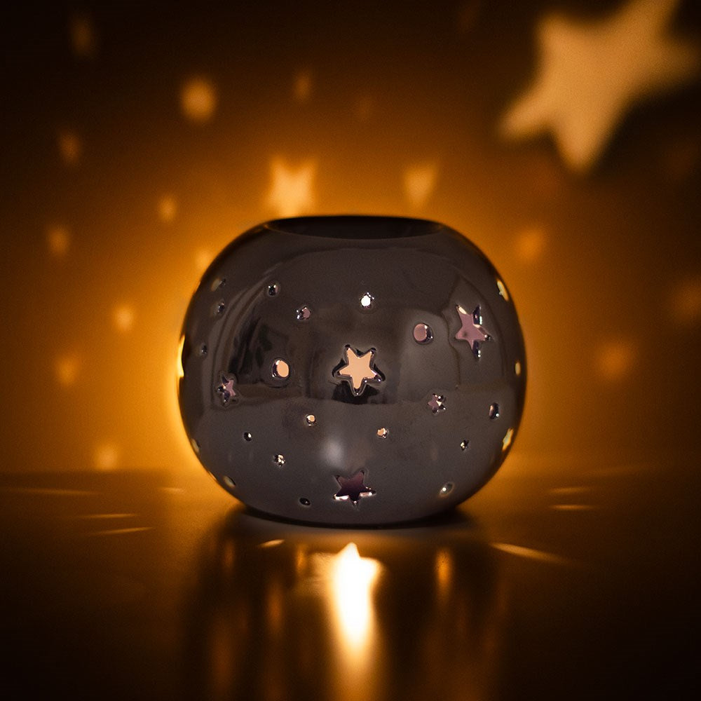 Quemador de Aceite y Cera Morado Iridiscente con Estrellas