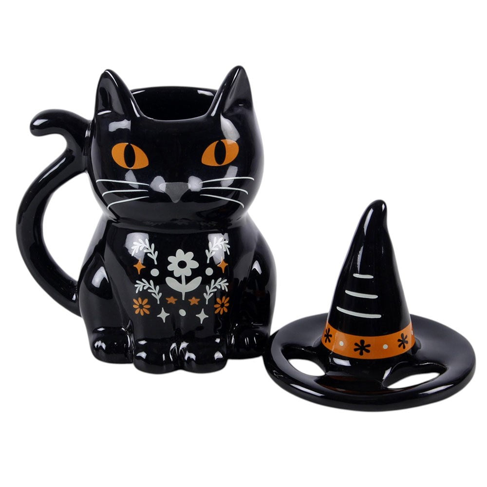 Taza Gato Negro con Tapa Sombrero de Bruja
