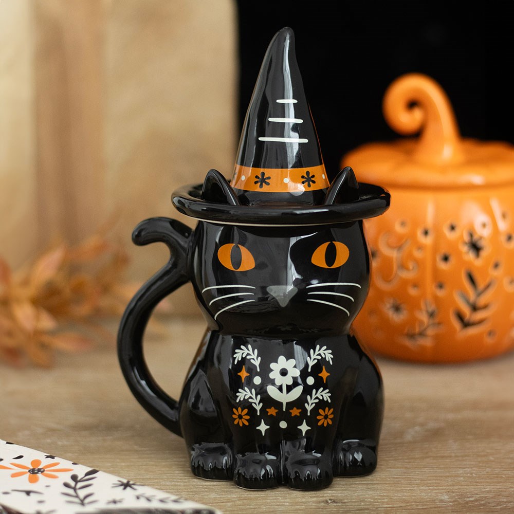 Taza Gato Negro con Tapa Sombrero de Bruja